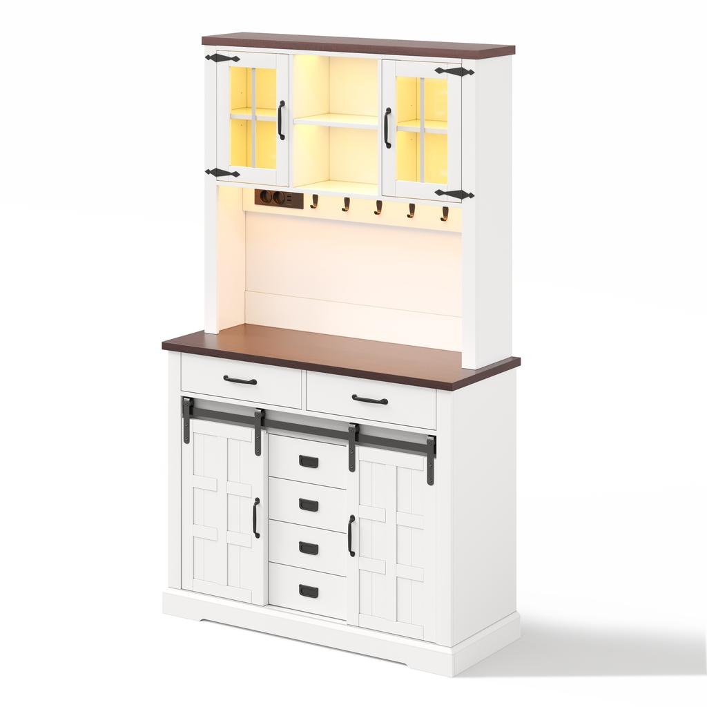 Kitchen Cabinet, Sideboard with Socket and LED Lighting, Furniture with Worktop, 6 Drawers, Adjustable Shelves, Hooks, 180 X 108 X 40 Cm, White