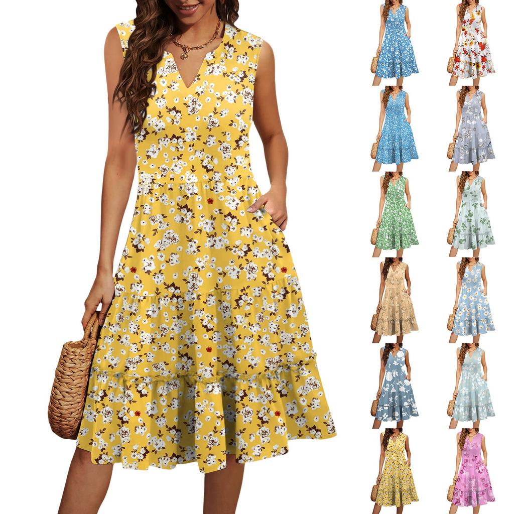 Dámské letní ležérní plisované šaty s volánky ve vintage květinovém stylu s výstřihem do V a bez rukávů