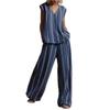 Ladies' Fashionable Casual V-neck Striped Top And Casual Pants Two-piece Set