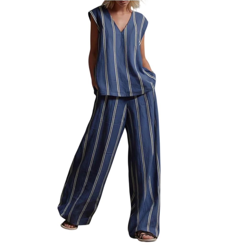 Ladies' Fashionable Casual V-neck Striped Top And Casual Pants Two-piece Set