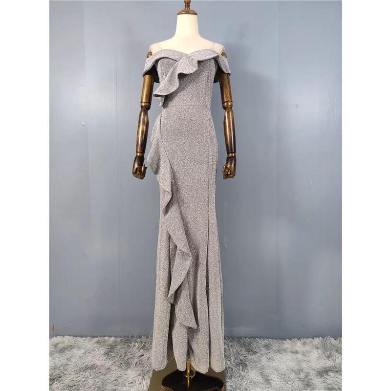 

Ozhouzhan Sexy off-Neck Open Collarbone Design Tube Top Frill Bright Silk Shiny Guest dresses Fishtail Long dress Silver Bright Silk XL