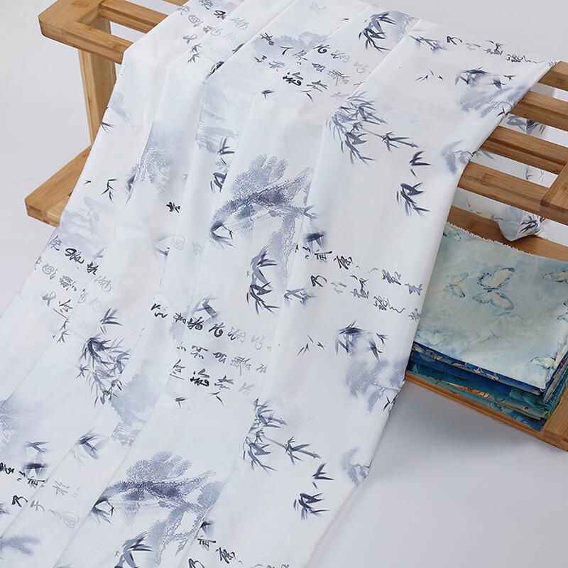 Chinese Landscape Painting Fabric Silk Stretch Satin Cloth for Cheongsam Hanfu DIY Sewing Craft Dress Stage Clothing Supplies