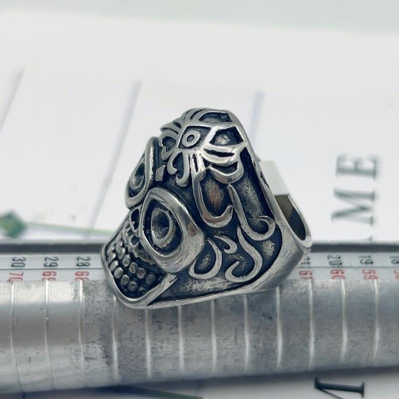 

Stainless Steel Gothic Sugar Skull Ring for Men Vintage Blackened Statement Zircon with Tribal Engraving for Punk Streetwear 11
