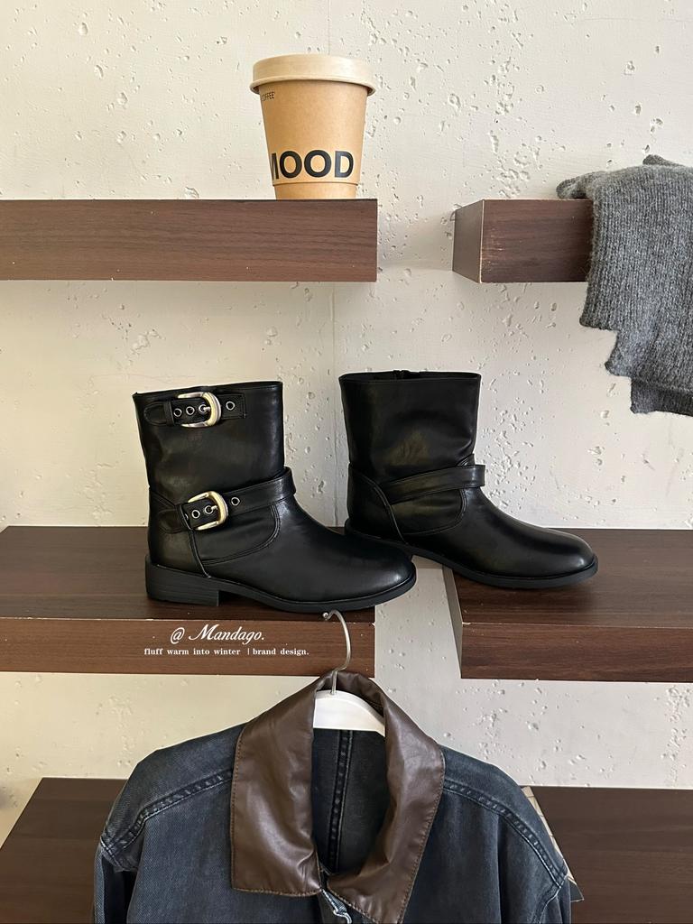 2025 Autumn and Winter New Round Head Low Tube Suede Belt Buckle Thick Heel Martin Fashion Women's Short Boots