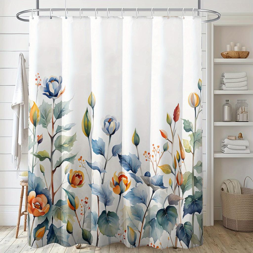 1pc Watercolor Floral and Leaf Striped Autumn Print Shower Curtain   Polyester Fabric   Machine Washable   Suitable for Bathroom