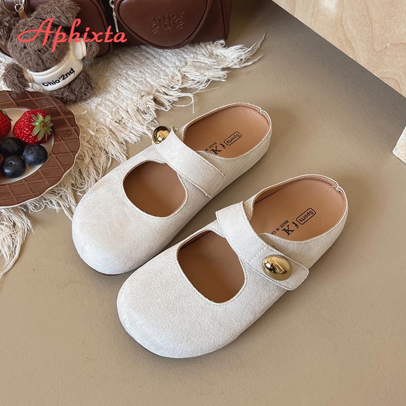 Fashion Aphixta Candy Color Flat With Women Slippers Cow Suede Metal Decoration Shoes Sweet Round Toe Slip On Outside Slide Mules