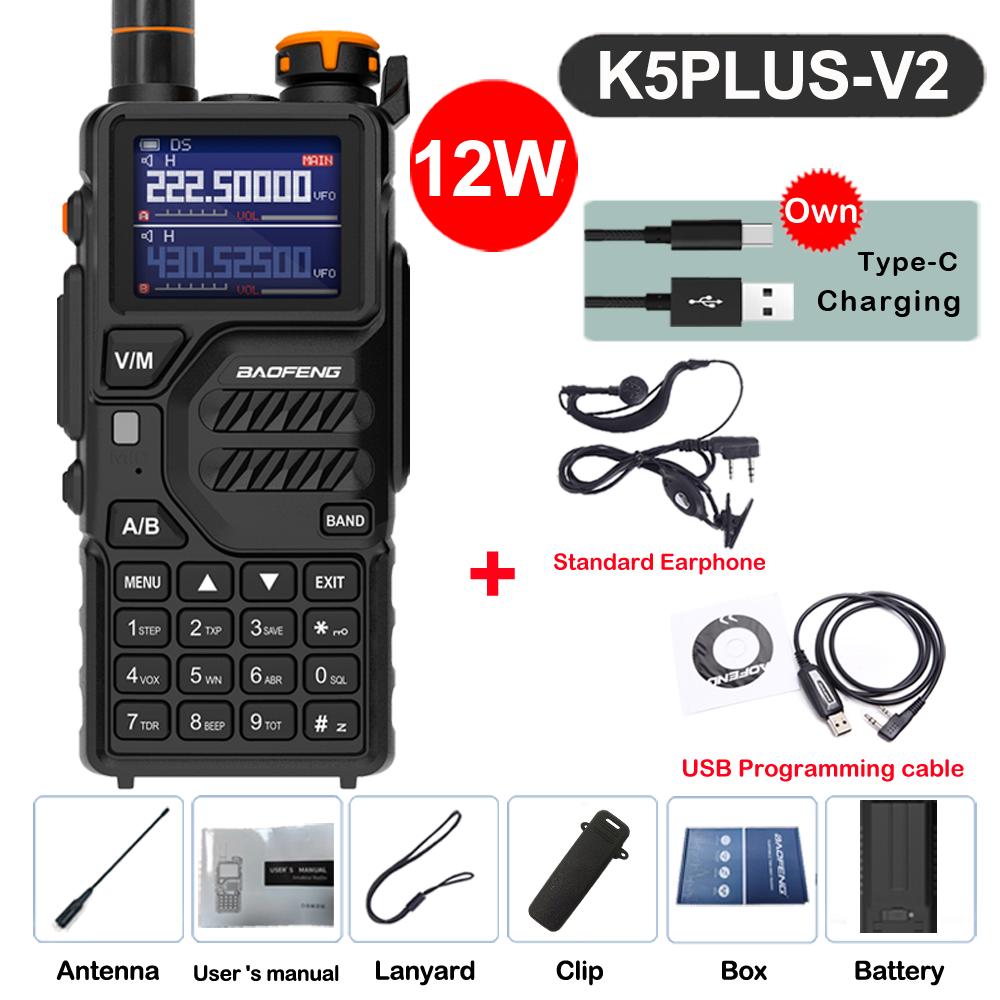 Baofeng UV-K5 Plus Walkie Talkie 12W High Capacity AM FM Two Way Radio Full Band LCD 999CH Frequency Copy NOAA Noise Reduce