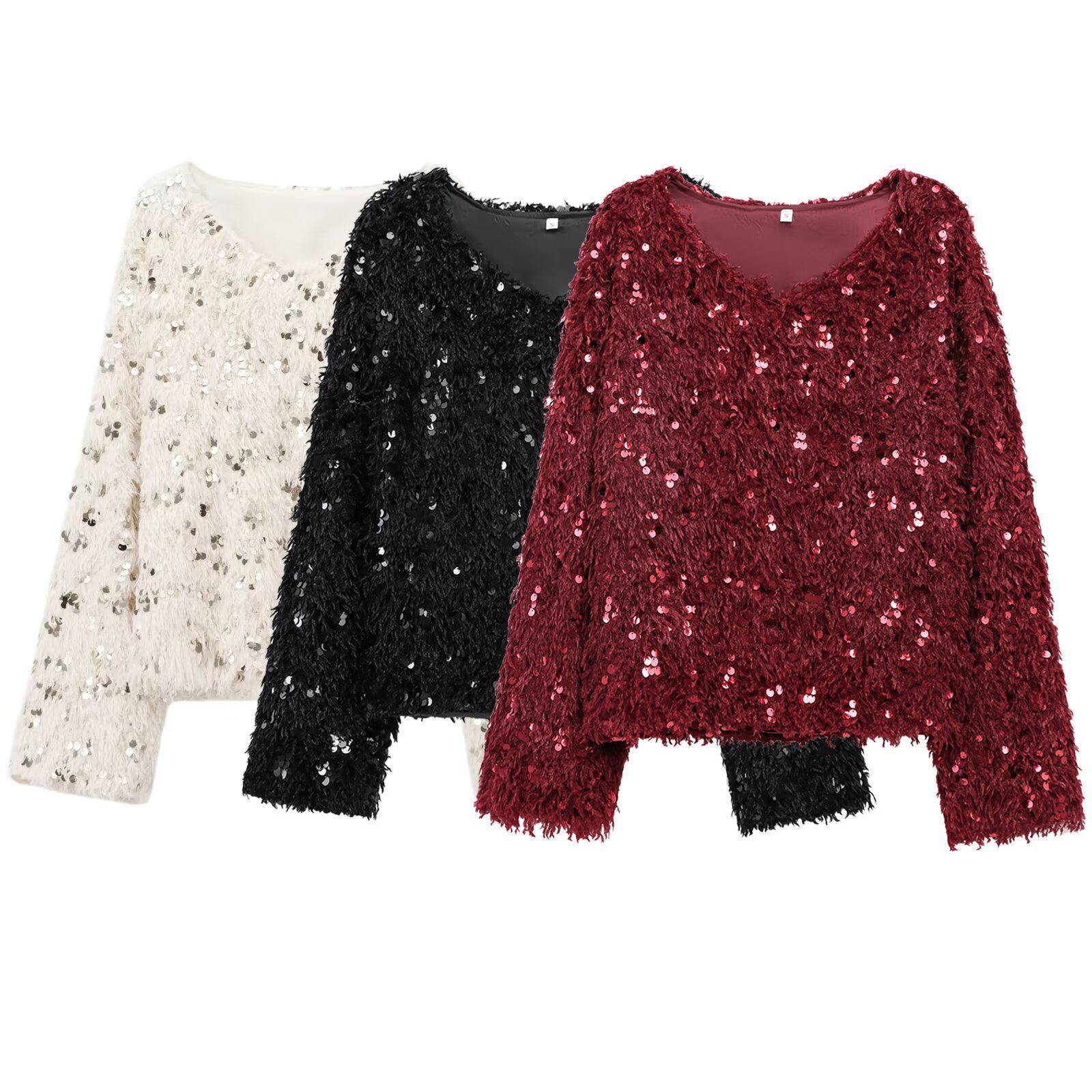 

2025 Spring Women s Street Fashion Feather Sequin Sweater 1344 Medium чёрный