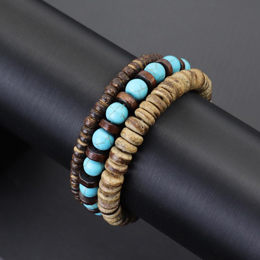 Vintage 3Pcs/Set Wooden Men Bracelet Natural Coconut Husk Turquoises Tiger Eyes Onyx Beads Braclet Jewelry Hombre Pulsera Joias