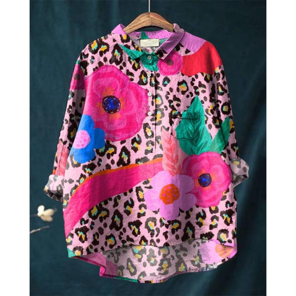 Ladies' Casual Loose Fit Floral Printed Button Up Shirt -Fish School Pattern