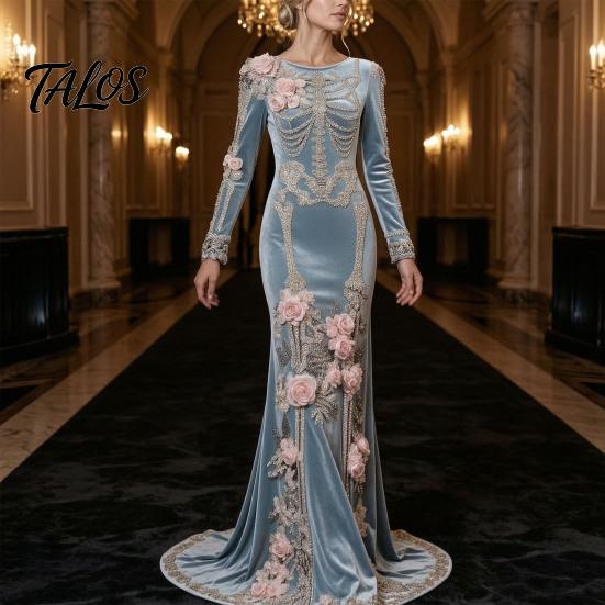 Disfraz Cosplay de Halloween para Mujer con Estampado de Esqueleto Vestido Largo, Vestido Largo Gótico con Mangas Largas y Decoración de Flores 3D para Actuación en Escenario, Terciopelo Floral para Fiesta