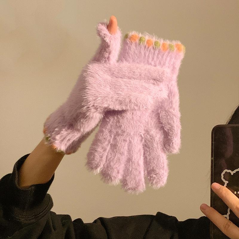 Cute Open Finger Touch Screen Plush Five Finger Gloves For Women In Winter, Warm And Thick Velvet For Cycling Students