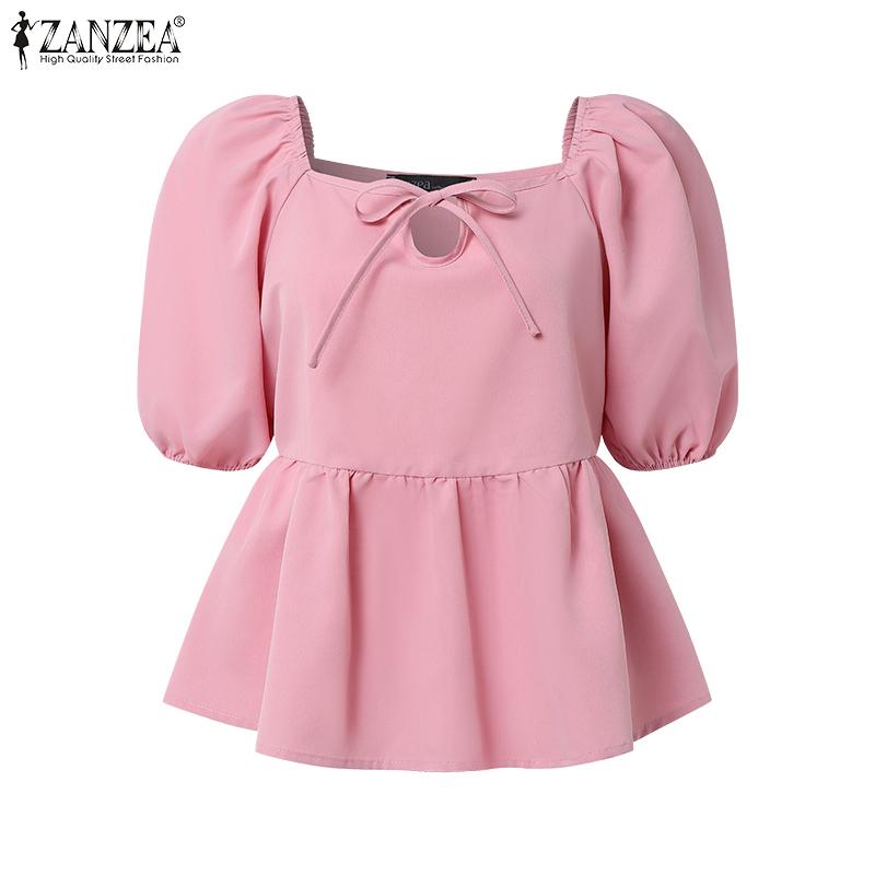 

ZANZEA Women Square Collar Summer Casual Puff Short Sleeve Blouse 5XL