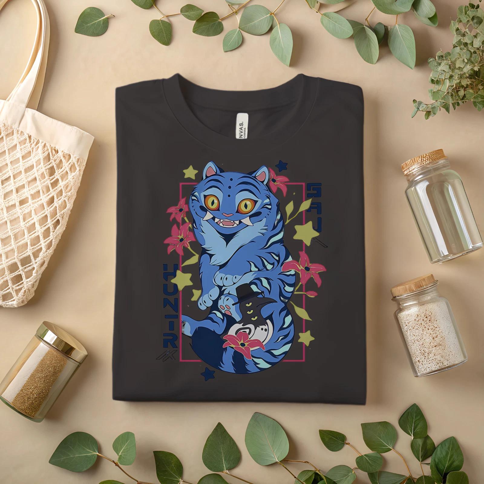Anime Cat Graphic T-Shirt – Cute Blue Kitty Cartoon Tee A179 S