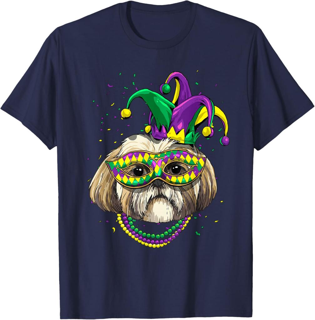 Shih Tzu Mardi Gras  Dog Graphic Tee Breathable Cotton Casual T-Shirt for Dog Lovers