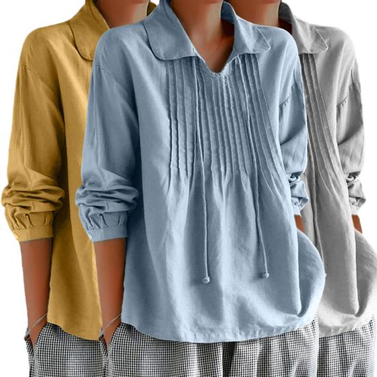 Women Spring Shirt Turn-down Collar Tassel Solid Color Loose Soft Pleated Pullover