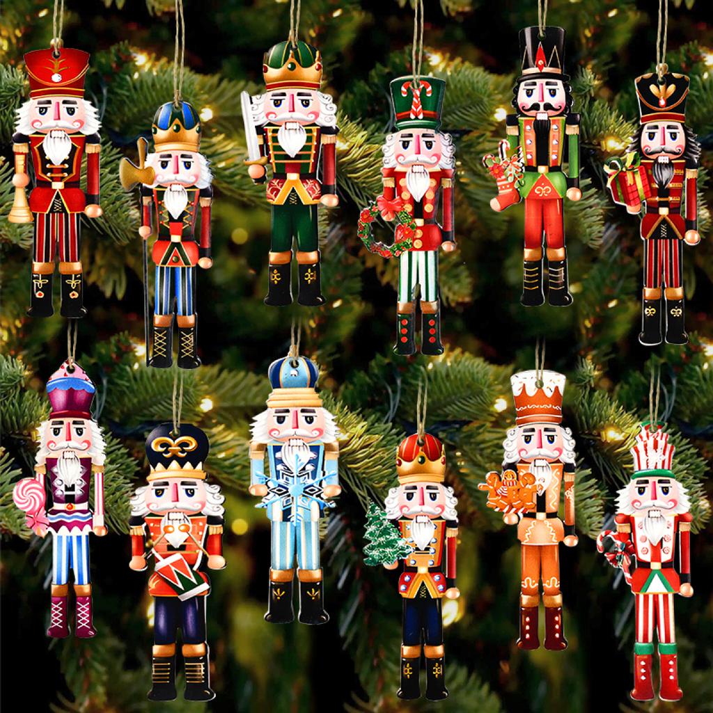 12Pcs Christmas Nutcracker Soldier Wooden Pendant Xmas Tree Hanging Ornament Navidad Decoration for Home New Year Gift