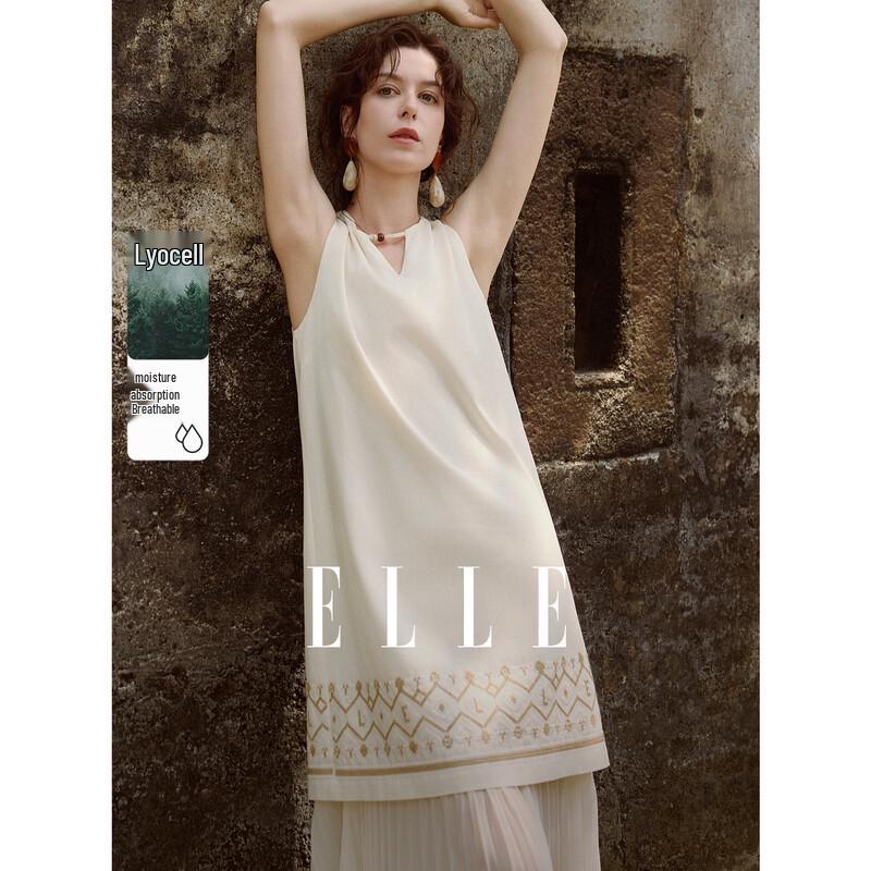 ELLE French-Style V-Neck Embroidered Pleated Dress M