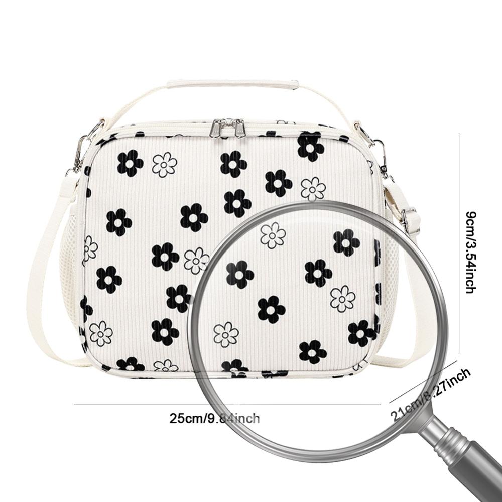 Corduroy Insulated Lunch Bags Floral Printed School Cooler Bags Insulation Lunch Box for Picnic School Work Travel