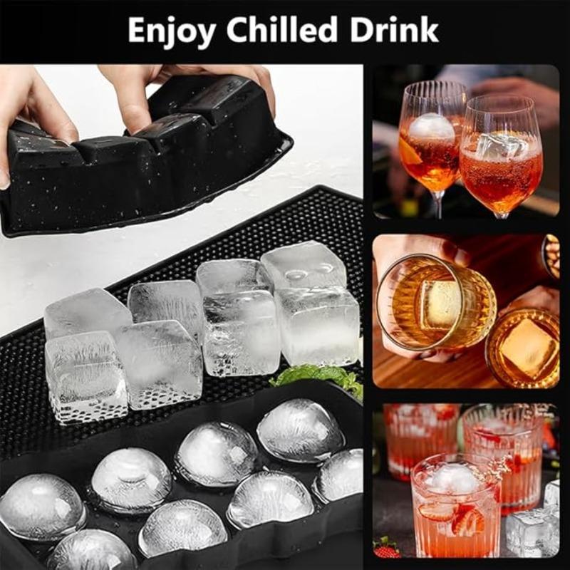 Set of 2 Silicone Ice Cube Tray Large Sphere & Square Ice Mold for Whiskey Cocktails BPA Free Reusable Stackable Easy Release