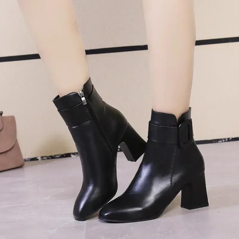 White Black Thick High Heel Ankle Boots Women 2025 Pointed Toe Keep Warm Elegant Short Booties Ladies Ankle Buckle Decoration