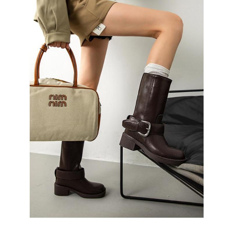 Trainee Blogger Vintage Belt Buckle Coarse Heel Black Medium Boots Women's Autumn Martin Boots Western Cowboy Boots