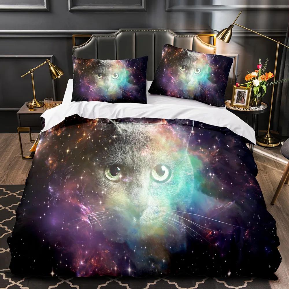 Comforter Bedding Sets For Double Size Galactic Cosmic 3d Cat Duvet Cover Bed Linen 2 Bedrooms For Boy Teen Girls Pink Purple