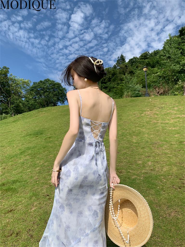 MODIQUE Summer Women Elegant Floral Embroidery Backless Mesh Gauze Chiffon Girly Halter Long Dresses Lady Light Wedding Dress Toasting Dress