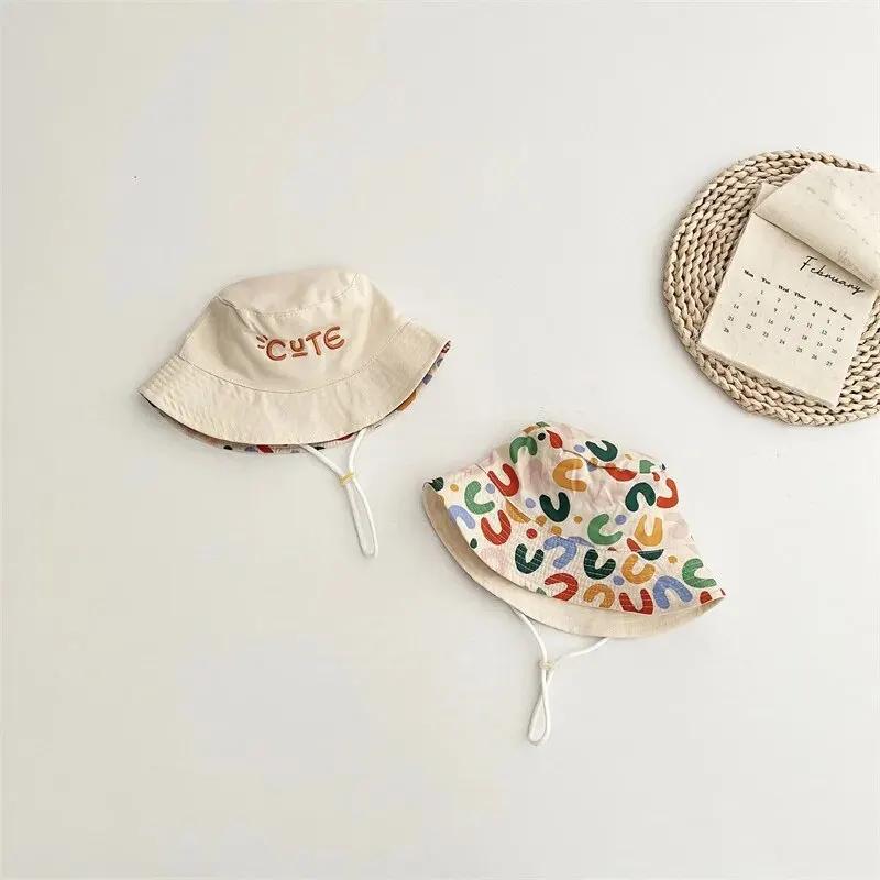 Boys Girls Fisherman Cap Spring Summer Outdoor Kids Sun HatDouble Sided Baby Bucket Hat Letter Embroidered