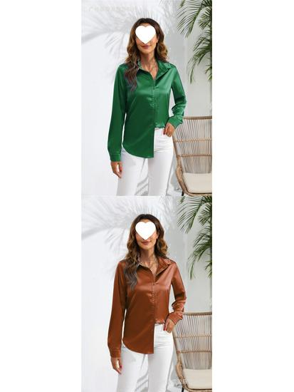 European & American Women's Long Sleeve Satin-Cotton Shirt - Solid Color, Spring & Autumn Bestseller