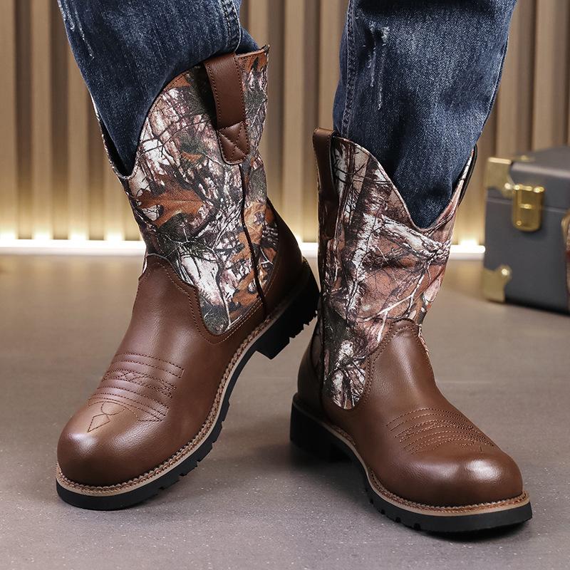 Men's Large Leather High-Top Boots - Autumn/Winter Fashion, Trendy Western Cowboy, Thick Sole, Non-Slip Knight Design