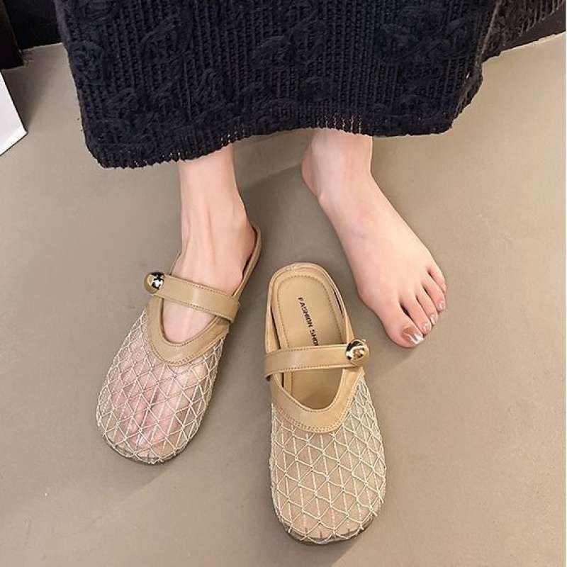 Fashion outer wear hollow bag head half slippers women's summer 2025 new versatile popular flat-bottomed mesh sandals