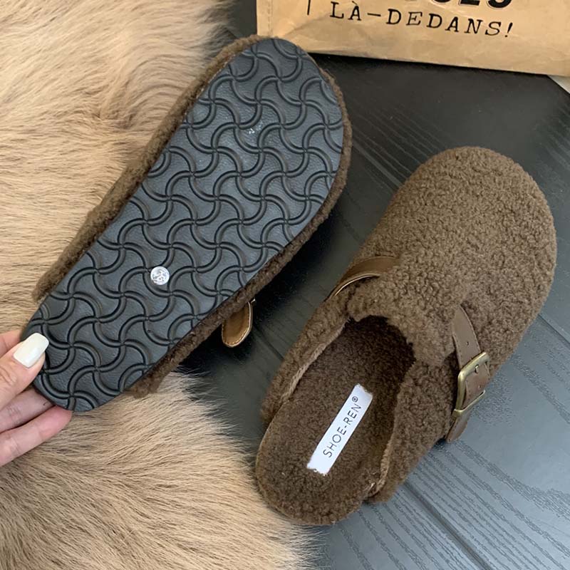 

Мода Мода Ремешок с пряжкой Женские мюли Меховые тапочки 2024 Зима Теплые Женские Плоские с Меховой Обувью Повседневные Уличные Домашние Женские Слайды 4.5 коричневый