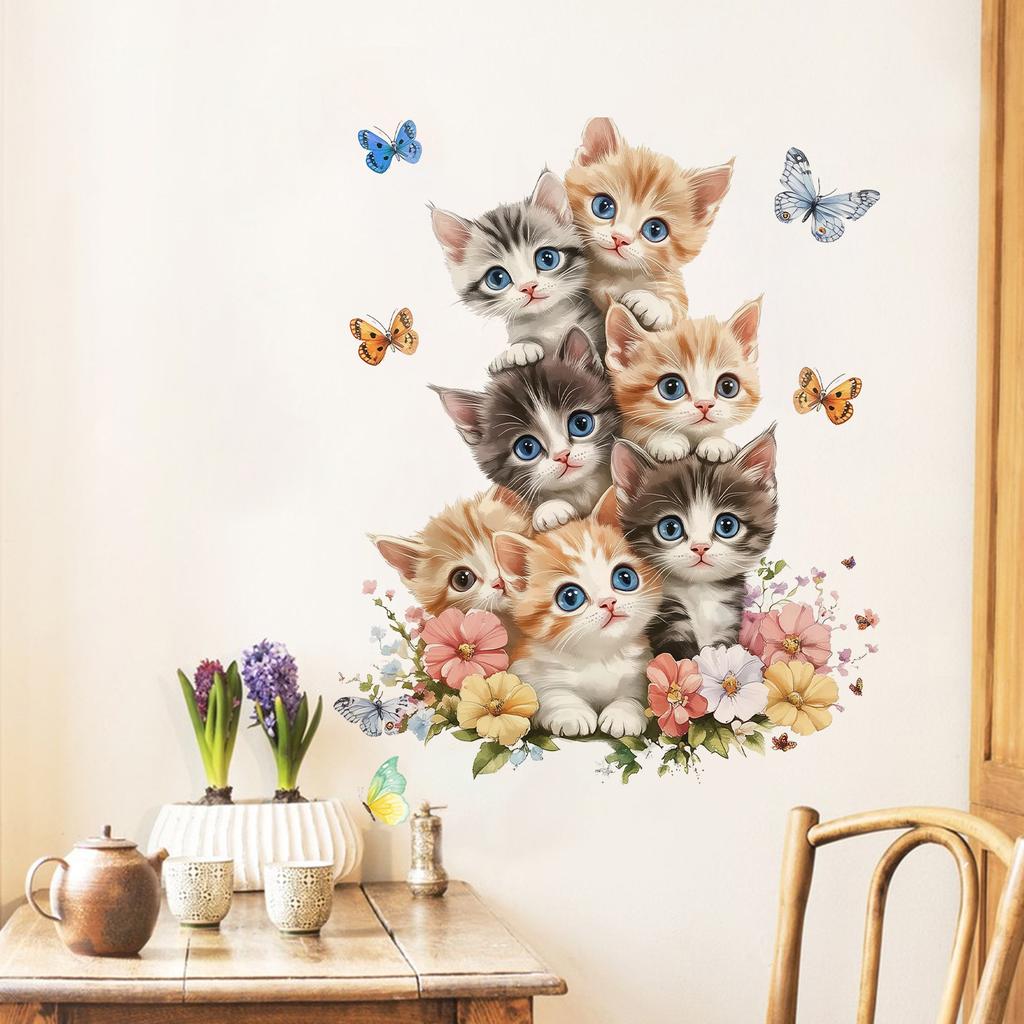Cute Cat Flower Butterfly Wall Stickers for Home Decor, Bedroom Living Room Decoration