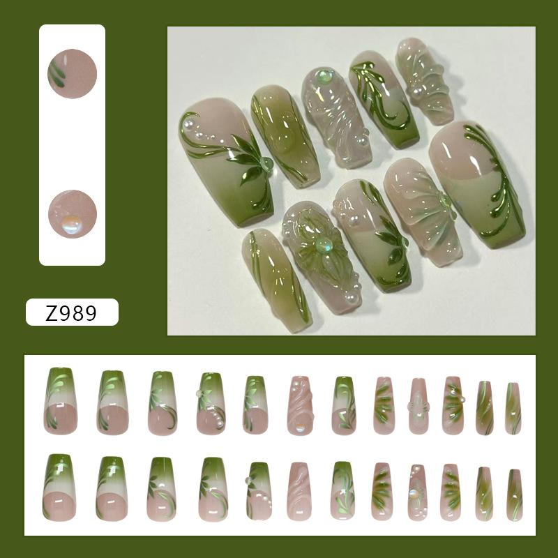 Green Cool Three-dimensional Vine Gradual Change French Pearl Gentle Temperament Fashion Ins Wind Removable Nail Art Piece 24