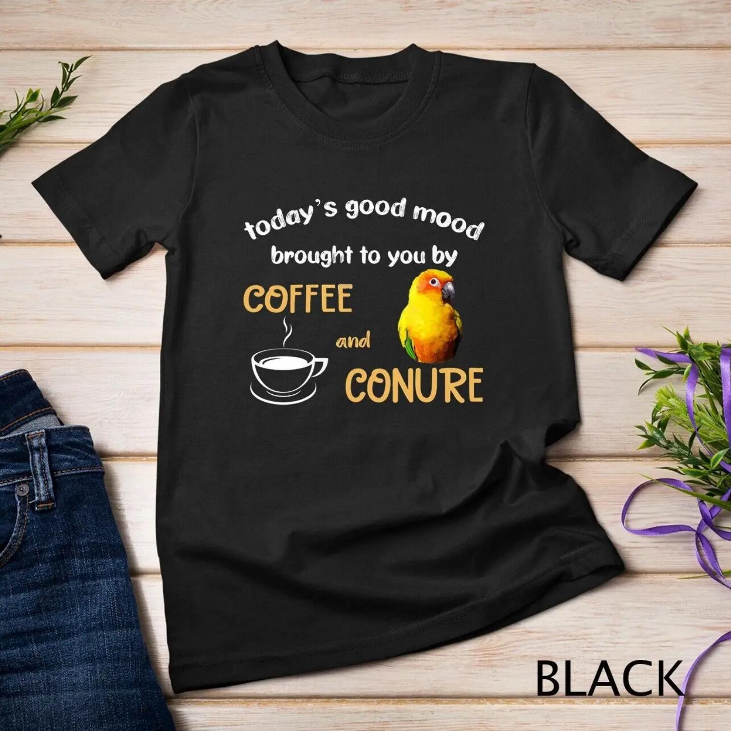 Womens Sun Conure T Shirt Good Coffee And Parrot Bird S чёрный