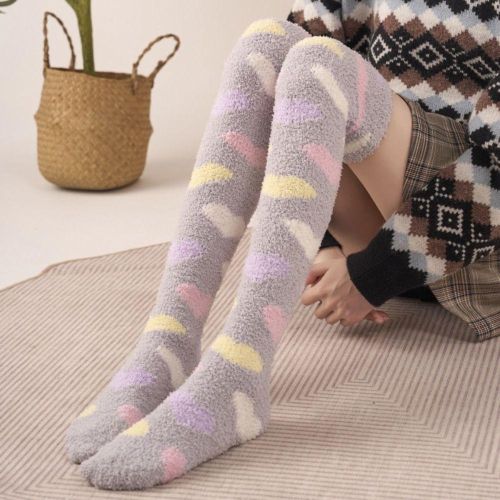 Heart Floor Plush Stockings Sleeping Long Tube Socks Cute Coral Fleece Stockings Winter