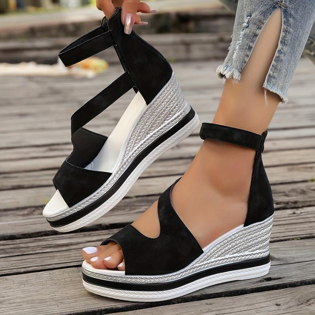 Women's Platform Slip On Sandals, Back Zipper Casual Hollow Walking Shoes, Comfort Wedge Vacation Shoes