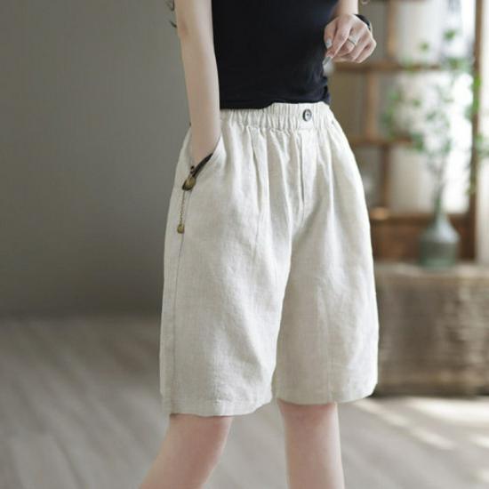 2023 Summer High Waist Retro Literary Wide-Leg Casual Plus Size Five-Point Pants