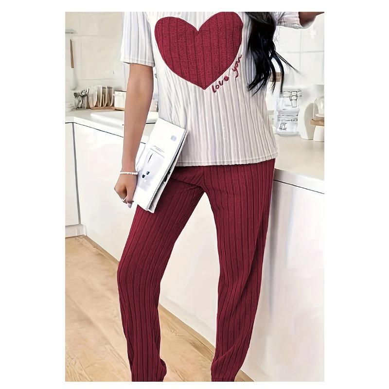 TIFICY Women's Fashion Spring Summer Love Letter Print Short Sleeve O‑Neck Casual Pajama Set
