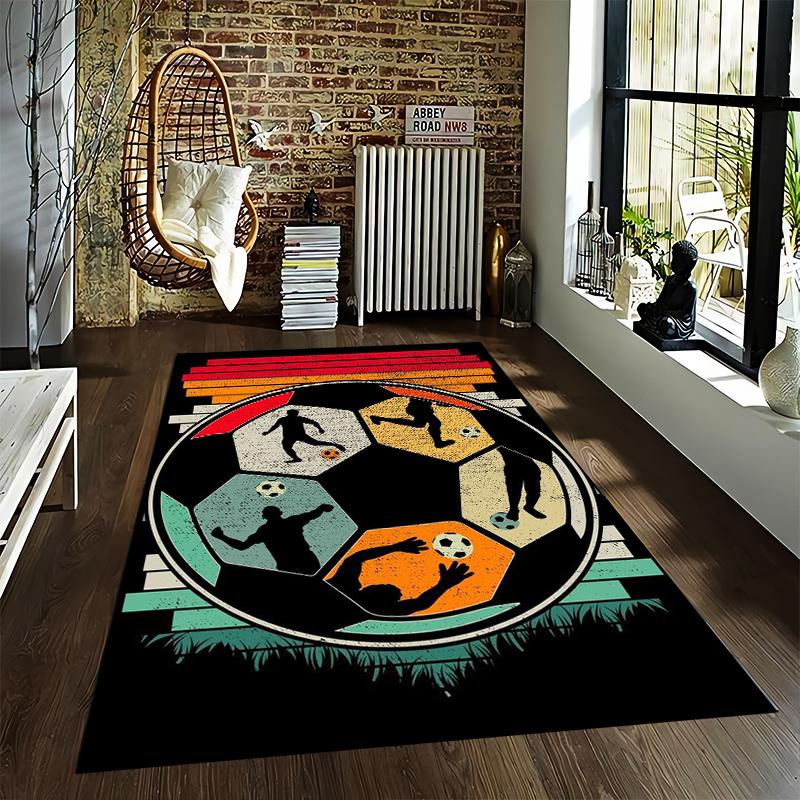 Soccer Ball Pattern Carpet with Player Silhouettes and Retro Design Suitable for use as an anti-slip for living room bedroom sofas