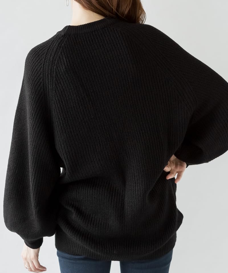 At One Balloon Sleeve Loose Voluminous Relaxed Crew Long Sizes ATN-0008 Knit, Women's, Oversized, Sleeves, Fit, Fall/Winter, Neck, Length, Black,
