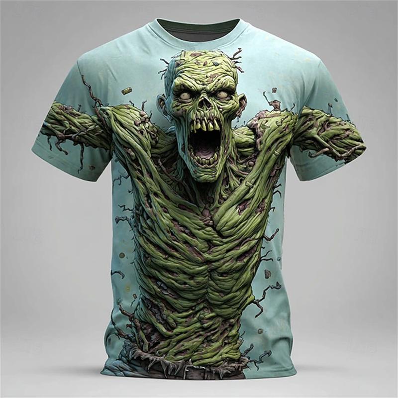 New Halloween Weird Skull Print Casual Crew Neck Short Sleeve Loose T-Shirt