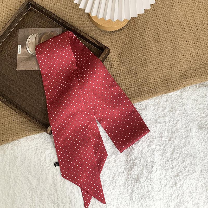 Polka dot silk scarf, long strip, high-end sense, summer retro binding, ribbon, streamer, multi-purpose, small scarf, headscarf, headband, belt.