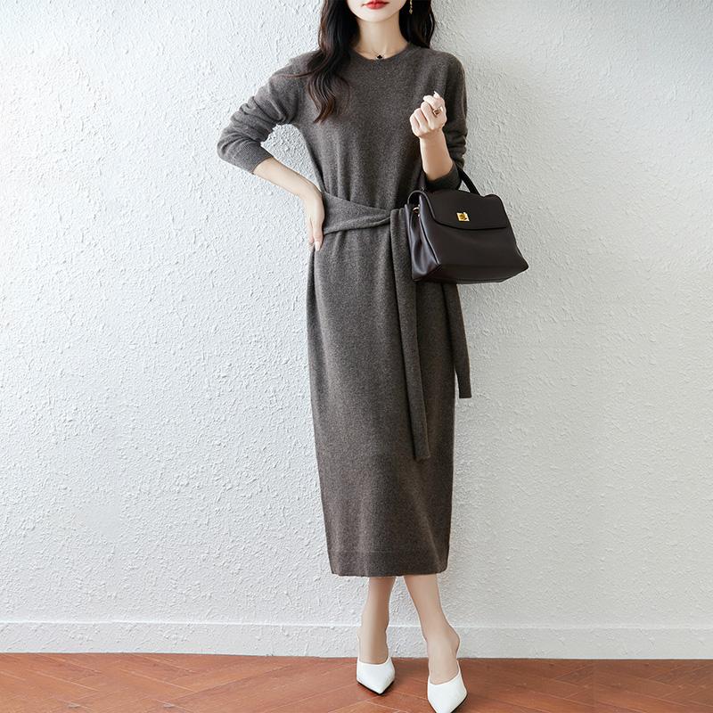 Women Sweater Dress 100% Wool TIDENOVEL O-neck Knit Long Pullover Winter Jumpers Wool Long Dress Female