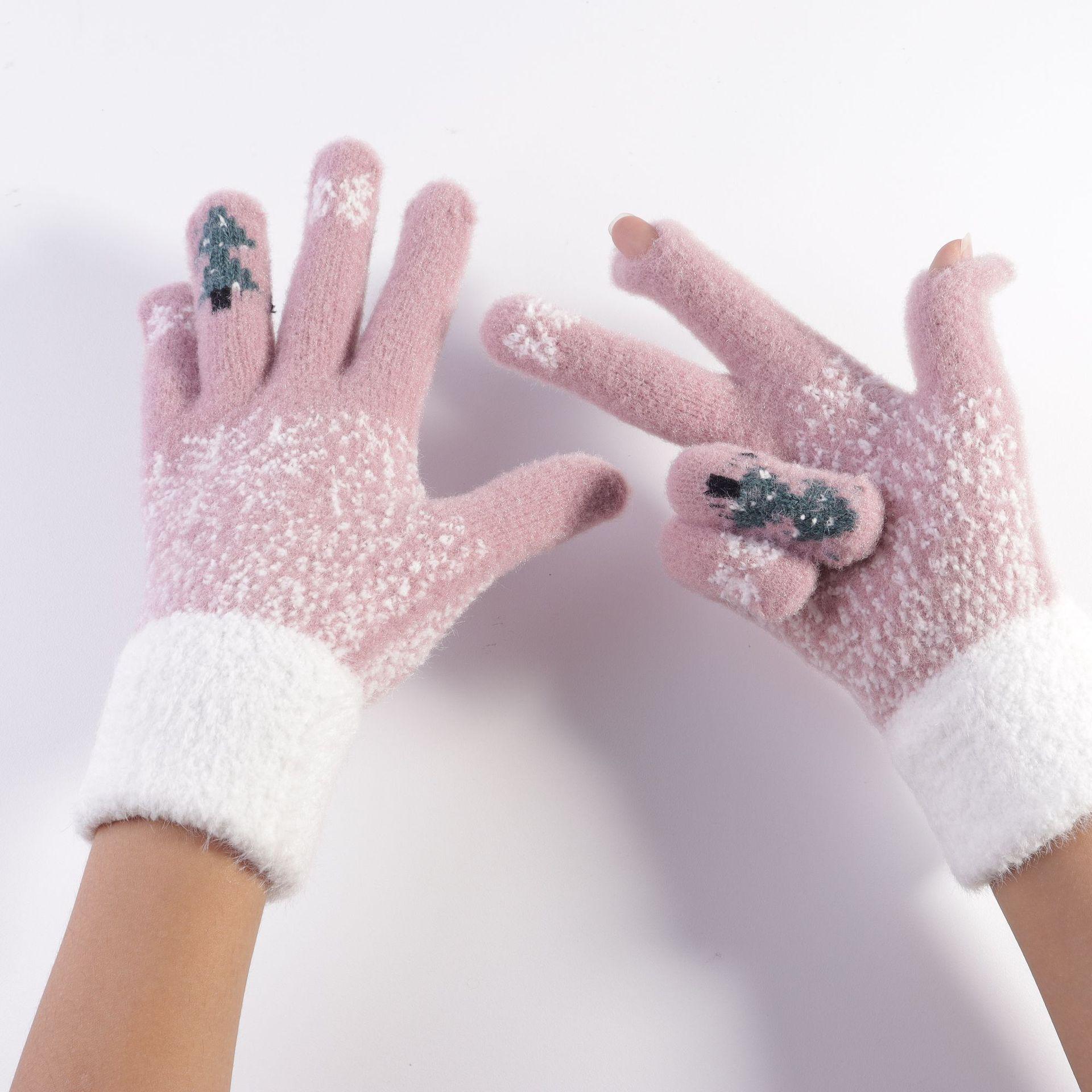 

Fingerless Woolen Touchscreen Gloves - Cute Christmas Tree Design for Students, Warm and Cold-resistant рожевий