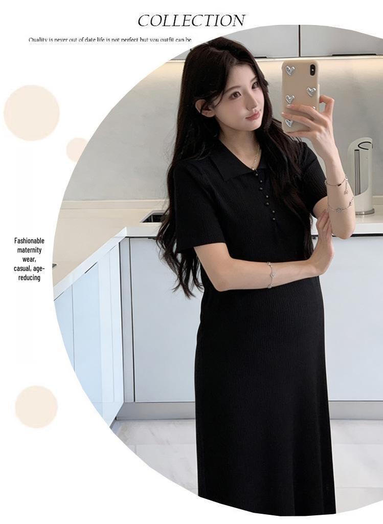 Korean Style Maternity Knit Dress - Plus Size Polo Collar, Loose Fit (2026 Collection)