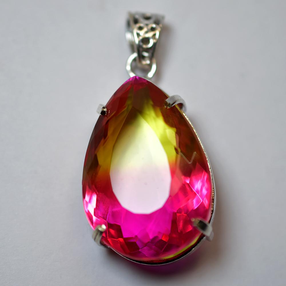 Lab Created Pendant Bi-Color Sapphire 925 Sterling Silver Pear 100 Ct CERTIFIED my-488-ns