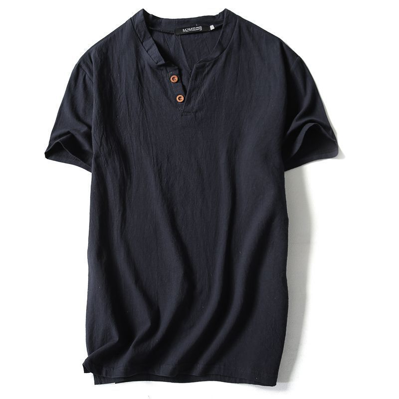 Men's Large-Size Chinese Style Casual T-Shirt - Solid Color  Imitation Cotton and Linen Short-Sleeved
