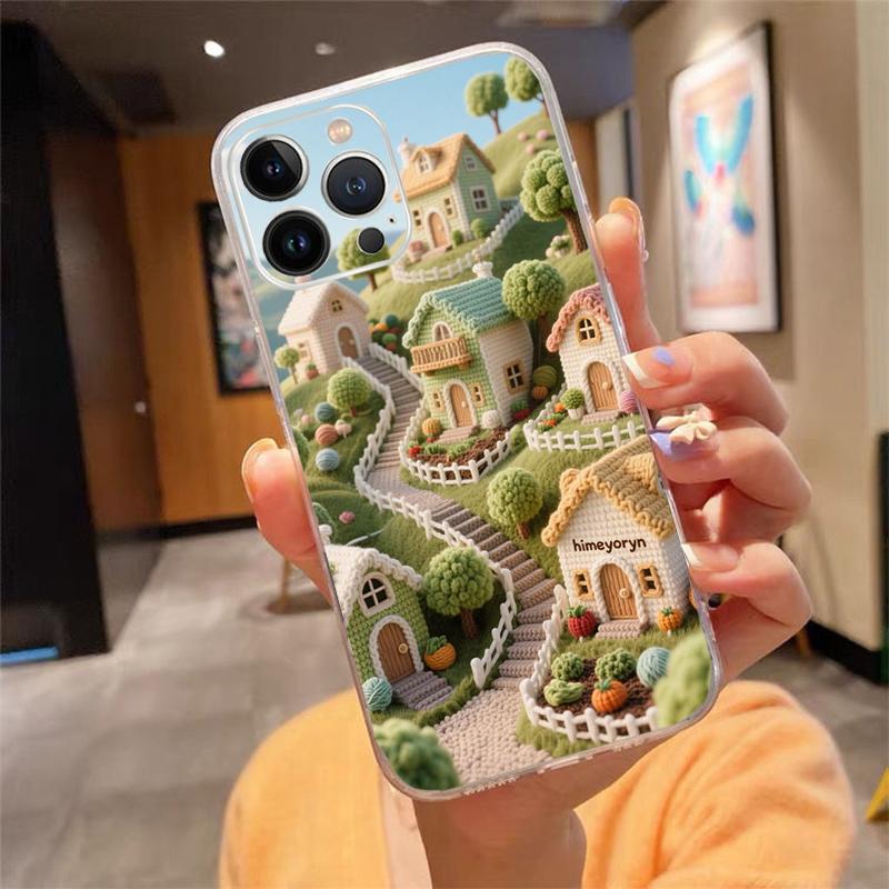 Phone Case For Iphone 17 16 Pro Max 15 14 13 Pro Max 17 Air 15 16 Pro 15Plus Cozy Crochet Winter Village Art